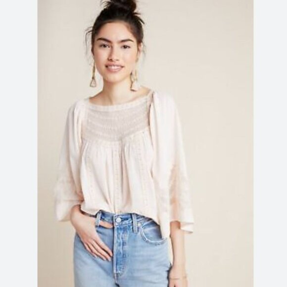 Anthropologie | Valentia Boho Embroidered Victorian Peasant Top Pale Pink | 6 - Picture 3 of 13